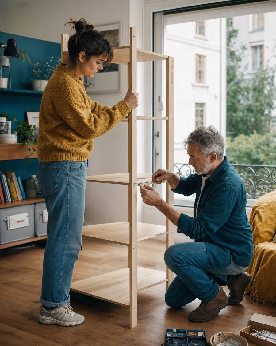 Une Boulotière et un voisin montent ensemble une étagère