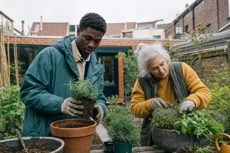 Un jeune homme et une voisine jardinent ensemble