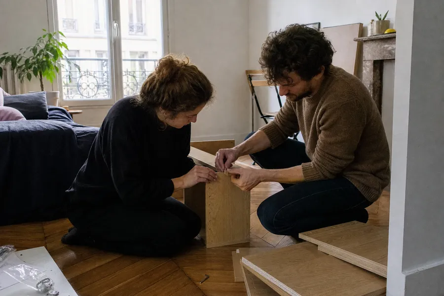 Deux voisins montent ensemble une étagère