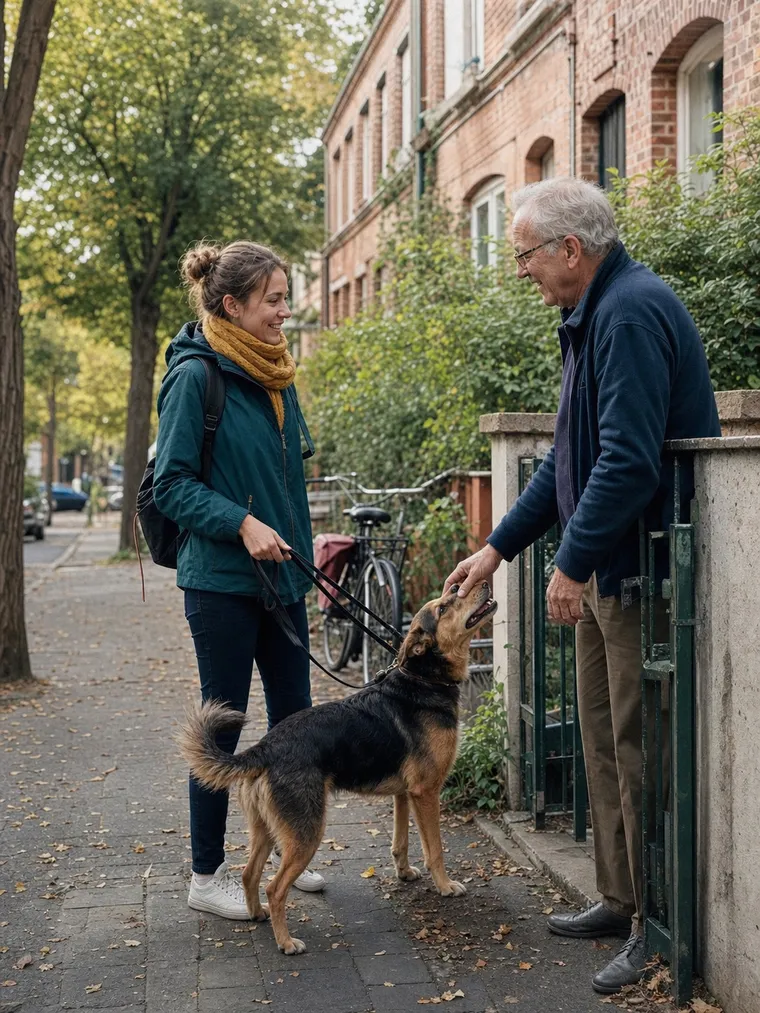 Une jeune femme échange avec un voisin après la promenade de son chien